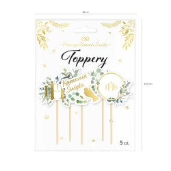 Toppery na tort Komunia IHS z eukaliptusem 5 szt