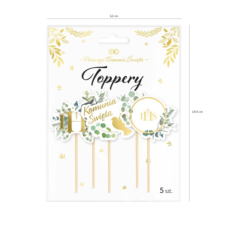 Toppery na tort Komunia IHS z eukaliptusem 5 szt