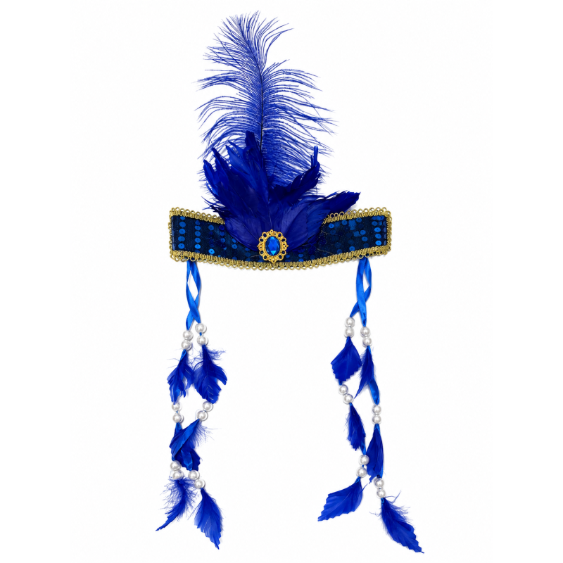 Opaska ozdobna Rio royal blue z piórami, perełkami i kryształkiem