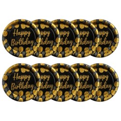 Talerzyki papierowe czarno złote Happy Birthday 18 cm 10 sztuk