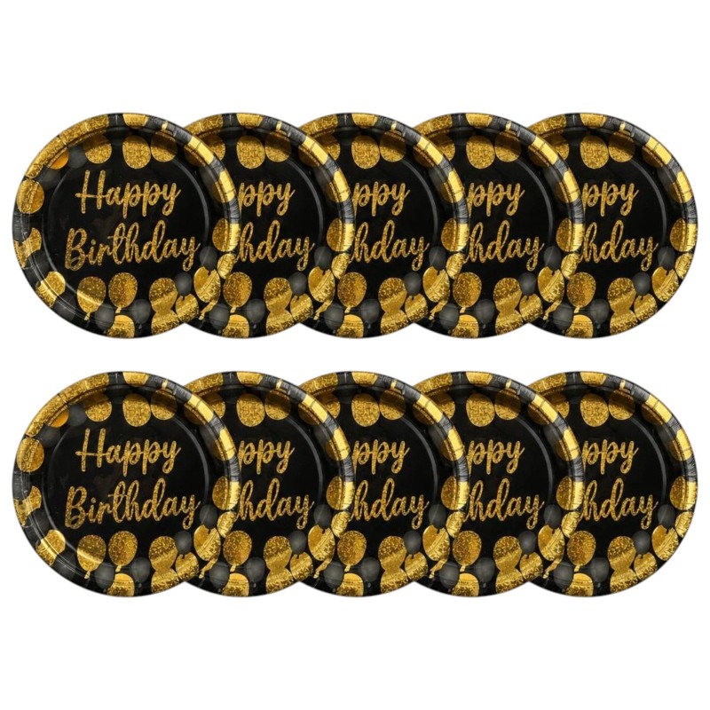 Talerzyki papierowe czarno złote Happy Birthday 18 cm 10 sztuk