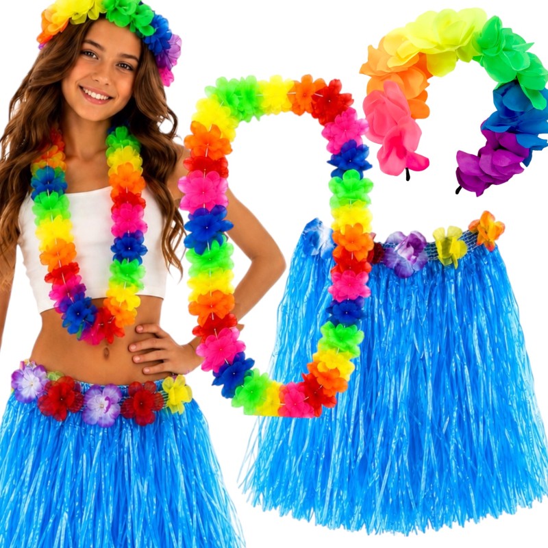 Zestaw hawajski Aloha 3 elementy – spódniczka 40 cm, opaska, naszyjnik