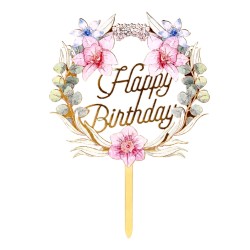 Topper na tort Happy Birthday kwiatowy