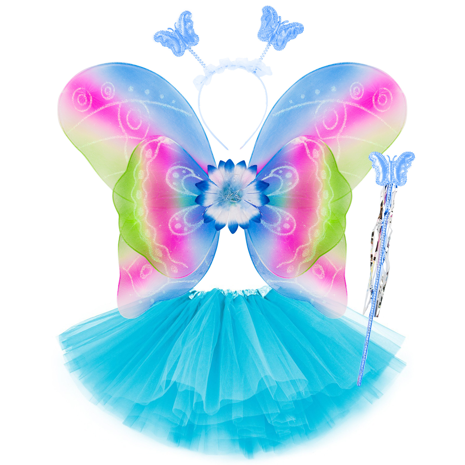 Strój motyl niebieski kolorowy - spódniczka tutu skrzydełka opaska różdżka